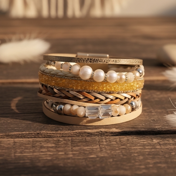 🆕Boho Chic Layered Vegan Leather Magnetic Trendy Bracelet with Faux Pearls - Picture 11 of 16